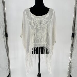 California Moonrise White Knit Poncho Embroidery Fringe Medium Boho Summer Beach